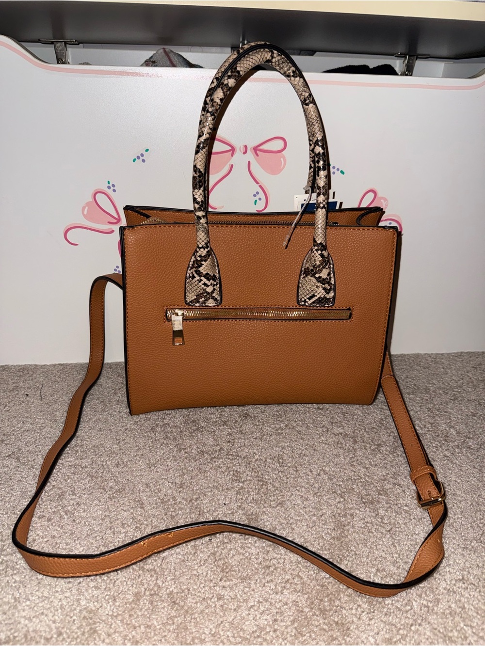 Tan Satchel with Snake-Print Handles and Detachable Strap